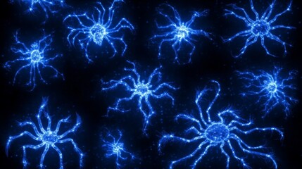 Poster - Glowing Blue Microscopic Organisms Abstract Art
