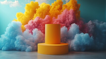 Fototapete - Vibrant yellow 3D podium set against a backdrop of fluffy clouds The stand is placed in a bright empty studio ready for premium product presentation with a pop of color and elegance