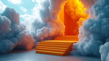 Fototapete - Vibrant yellow 3D podium set against a backdrop of fluffy clouds The stand is placed in a bright empty studio ready for premium product presentation with a pop of color and elegance