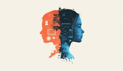 Poster - Split Visual Representation of Human Consciousness and Technology Embodying the Intersection of Creativity and Digital Innovation in a Unique Artistic Illustration