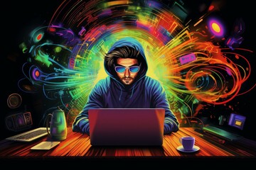 Poster - Software developer working on laptop with colorful visual effects representing creativity and innovation