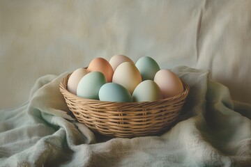 A soft arrangement of pastel-colored eggs in a woven basket on a rustic cloth, evoking spring freshness.