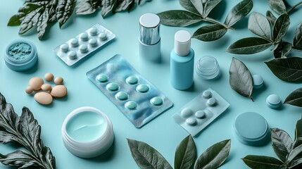 Aufkleber - Visually appealing arrangement of hormone replacement therapy options including patches and creams on a calm blue background to highlight the journey to hormonal balance