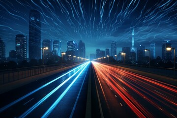 Poster - Futuristic cityscape with light trails on a road and data flow, symbolizing connectivity and smart city technology