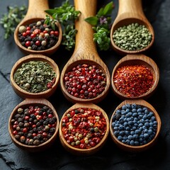 Poster - Visually appealing assortment of aromatic spices in natural wooden spoons on a dark stone surface representing a beautiful culinary spectrum and inviting creativity in cooking and flavor exploration
