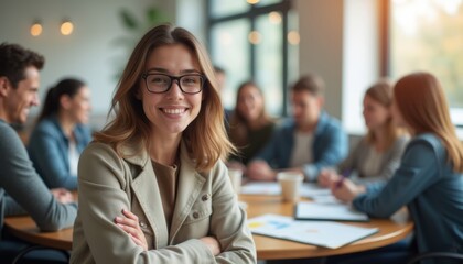 Wall Mural - A confident young woman with glasses smiles warmly at the camera, seated at a round table surrounded by a diverse group engaged in discussion. The atmosphere is vibrant and collaborative, highlighting