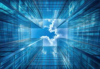 Poster - Unique Perspective of Modern Glass Buildings Reflecting Sky and Clouds with Dramatic Symmetry in a Business District Urban Environment