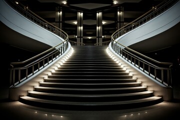 Poster - Illuminated staircase with curved railings in a luxurious building, symbolizing ambition and achievement