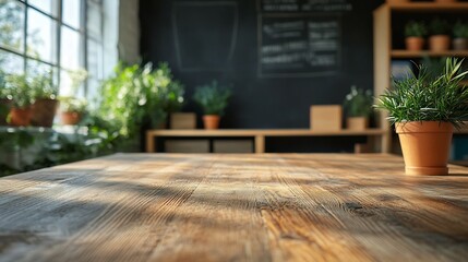 Fototapete - Warm wooden tabletop set in a vibrant school classroom with a blackboard backdrop The empty countertop is ideal for product presentations creating a mockup space filled with educational potential