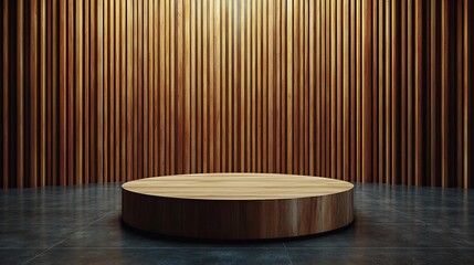 Poster - Wooden 3D podium set on a sleek floor framed by a backdrop of vertical slats Ideal for product presentation in a modern studio this empty wood stand is ready for cosmetics and beauty displays