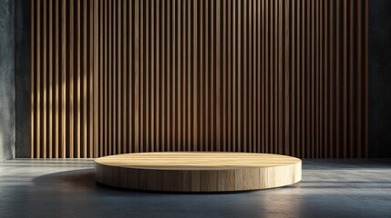 Poster - Wooden 3D podium set on a sleek floor framed by a backdrop of vertical slats Ideal for product presentation in a modern studio this empty wood stand is ready for cosmetics and beauty displays