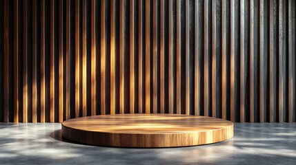 Poster - Wooden 3D podium set on a sleek floor framed by a backdrop of vertical slats Ideal for product presentation in a modern studio this empty wood stand is ready for cosmetics and beauty displays