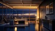 Modern office interior design with city skyline view at night