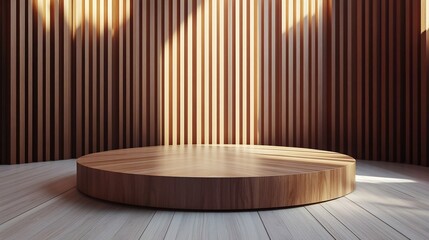 Poster - Wooden 3D podium set on a sleek floor framed by a backdrop of vertical slats Ideal for product presentation in a modern studio this empty wood stand is ready for cosmetics and beauty displays