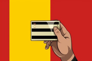 Poster - Hand holding a credit card with the belgian flag in the background, symbolizing online shopping, e commerce, and global finance in belgium