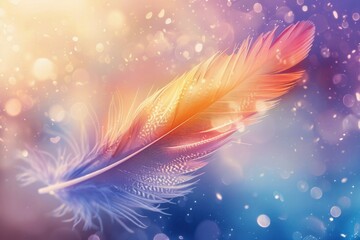 Poster - Vibrant, colorful feather floats gently against a dreamy background of sparkling bokeh and soft light leaks