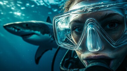 Poster - A diver in a mask and snorkel gazes at a majestic shark swimming nearby, immersed in vibrant underwater colors and the thrill of ocean exploration. The moment captures wonder and excitement