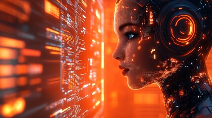Fototapete - Ai chatbots working chatting on computer screens set against a vibrant orange background with digital interfaces glowing and a large copy space for text along the side