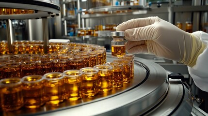 Aufkleber - In a state-of-the-art laboratory, a gloved hand carefully picks a small vial from a rotating carousel filled with identical glass containers showcasing a golden liquid