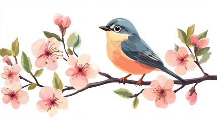 Naklejka na meble Colorful bird perched on a branch surrounded by delicate pink blossoms in a serene spring setting