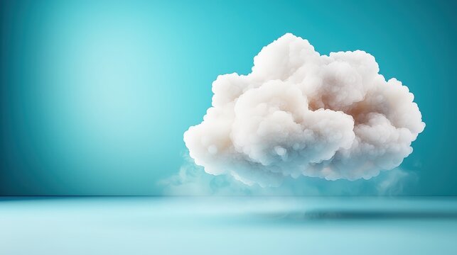 A 3D rendered illustration depicts a white cloud set against a vibrant blue background, symbolizing the concept of cloud storage technology and online data storage in cloud computing.