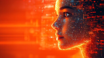 Fototapete - Ai chatbots working chatting on computer screens set against a vibrant orange background with digital interfaces glowing and a large copy space for text along the side