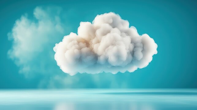 A 3D rendered illustration depicts a white cloud set against a vibrant blue background, symbolizing the concept of cloud storage technology and online data storage in cloud computing.