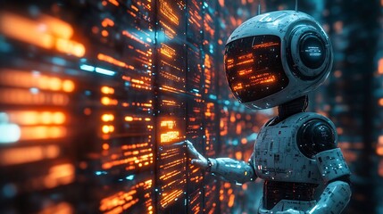 Fototapete - Ai chatbots working chatting on computer screens set against a vibrant orange background with digital interfaces glowing and a large copy space for text along the side