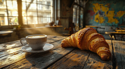 Rustic cafe setting with a fresh croissant and a cup of cappuccino on a wooden table, bathed in warm morning sunlight