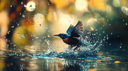 bird splashes in sparkling water while hunting in a serene outdoor setting during golden hour