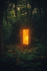 Canvas Print - Mystical glowing doorway in a dense forest.