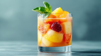 A vibrant assortment of fresh tropical fruits served in a glass, featuring bright colors and garnished with a sprig of basil, perfect for summer refreshment.