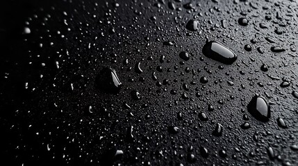 Fototapete - Abstract closeup of water drops glistening on a sleek black background showcasing a glass texture with droplets creating a visually striking surface that appears wet with dew and bubbles