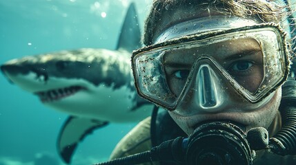 Poster - A diver wearing a mask and snorkel immerses in the ocean's depths, observing a majestic shark swimming gracefully nearby, showcasing the beauty and thrill of ocean exploration