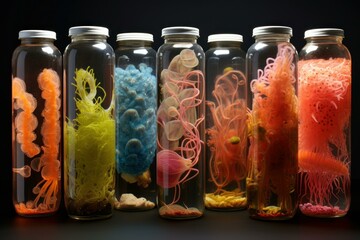 Poster - glass jars containing colorful biological specimens, possibly for scientific research or display