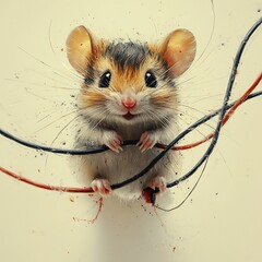 Poster - Adorable mouse surrounded by frayed electrical wires on a simple pastel background illustrating the mouse's cheeky attempt to gnaw on the wires creating an engaging visual narrative