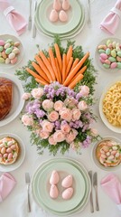 Elegant easter table setting with carrots, floral centerpiece, and pastel eggs