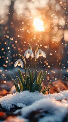 Poster - Snowdrops bloom gracefully under the warm sun, nestled in soft snow. This enchanting moment captures nature's transition, revealing the beauty of spring awakening in a quiet forest