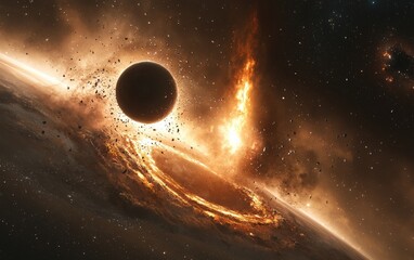 A cosmic collision of two planets, with debris and fire erupting into space