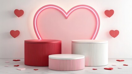 Wall Mural - glowing heart and podiums for goods background