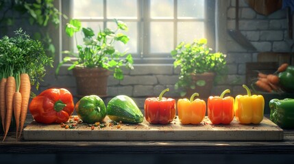 Wall Mural - Chopping board with colorful vegetables being prepped ar169