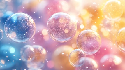 Poster - Artistic arrangement of shimmering soap bubbles in a delightful mix of pink yellow and blue against a gentle foam background creating a cheerful and lively ambiance perfect for a festive theme