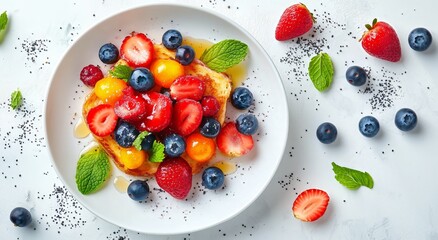 Wall Mural - Colorful fruit salad with berries and mint served on white plate