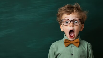 a surprised young boy with curly hair and glasses, wearing a bow tie, expresses amazement with wide 