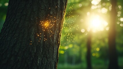 Wall Mural - Golden Dust Motes on Forest Tree Bark at Sunset