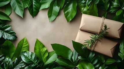 Fototapete - Artistic display of ecofriendly brown paper packaging with lush green leaves nestled on a minimalist neutral background emphasizing the concept of sustainability and providing copy space for text