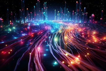 Fototapete - Fiber optic cables glowing with vibrant colors, creating a futuristic cityscape illuminated at night