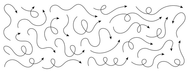 Wall Mural - Set of squiggle line arrows. Simple line hand drawn curved vector arrows icons