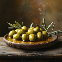 Fototapete - Artistic display of fresh green olives on a rustic wooden plate drizzled with golden olive oil highlighting their glossy texture and inviting appearance in a gourmet food setting