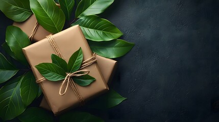Fototapete - Artistic display of ecofriendly brown paper packaging with lush green leaves nestled on a minimalist neutral background emphasizing the concept of sustainability and providing copy space for text